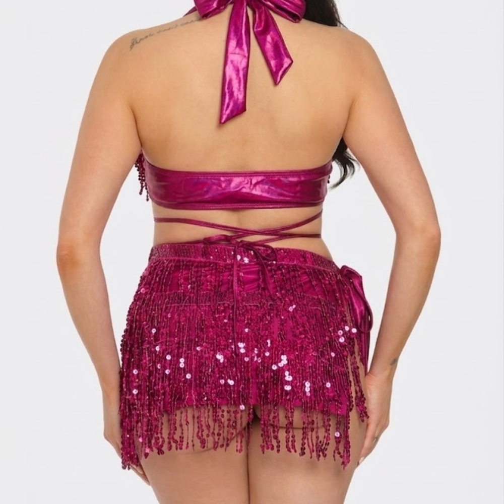 NEW NWT PINK COACHELLA Sequin Bikini Top And Fringe Bottom Festival Set large - Picture 4 of 4